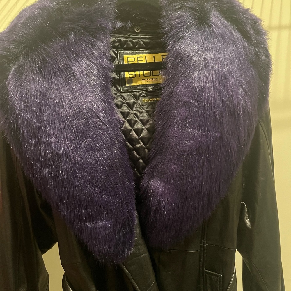 NWT Wilsons Purple Faux Fur LIMITED EDITION Vintage Black Leather Jacket Coat - Picture 4 of 9